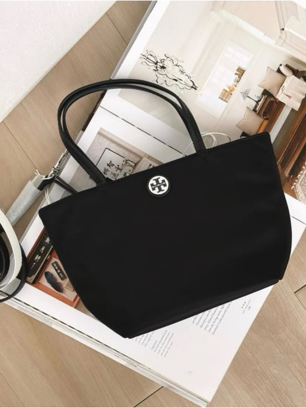 Tory Burch Black Tote Bag with Silver Logo Accent - Women Bags